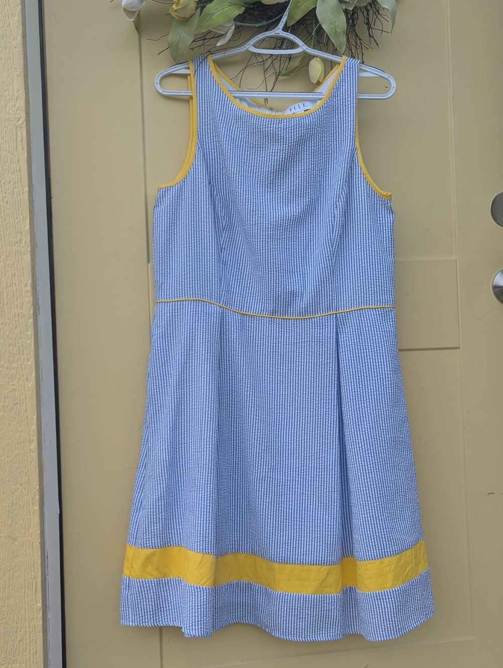 Elle Garden Dress,ELLE Women’s Blue Seersucker Dress Size L Sleeveless Fit &Flar